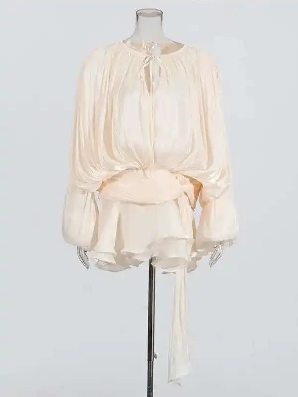 V-Neck Lace-Up Mini Dress with Long Sleeves – Women’s Sweet Style