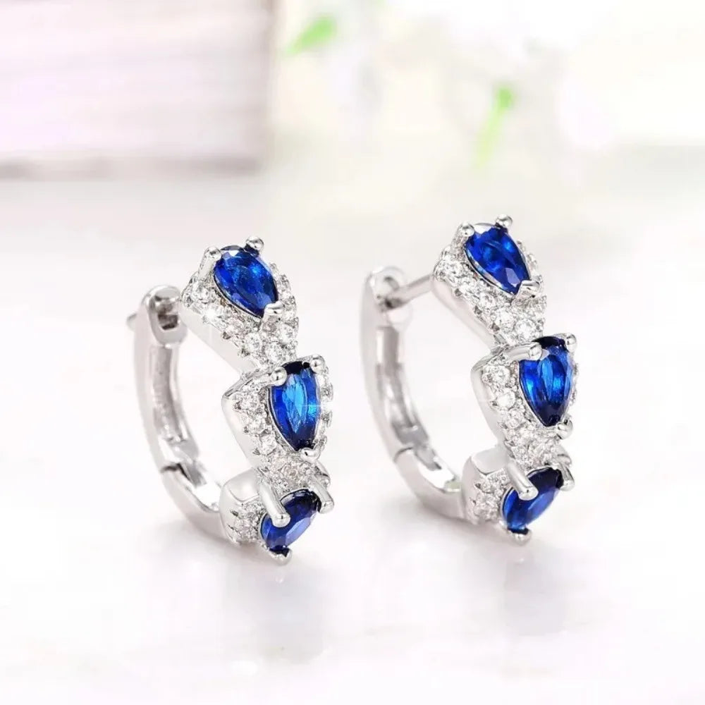 925 Sterling Silver Hoop Earrings – Blue Zirconia, Elegant Party Jewelry