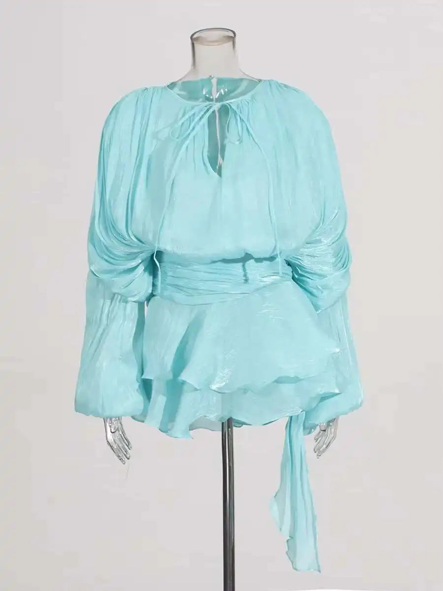 V-Neck Lace-Up Mini Dress with Long Sleeves – Women’s Sweet Style