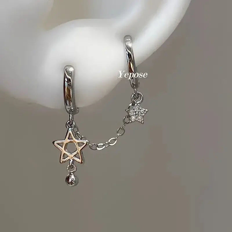 Silver Star Chain Earring – Double Ear Hole Y2K Stainless Steel Jewelry