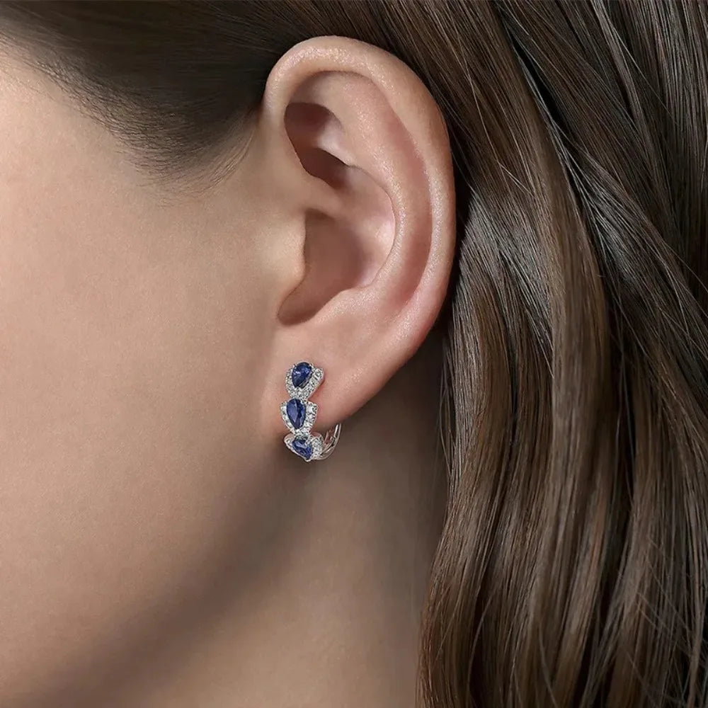 925 Sterling Silver Hoop Earrings – Blue Zirconia, Elegant Party Jewelry