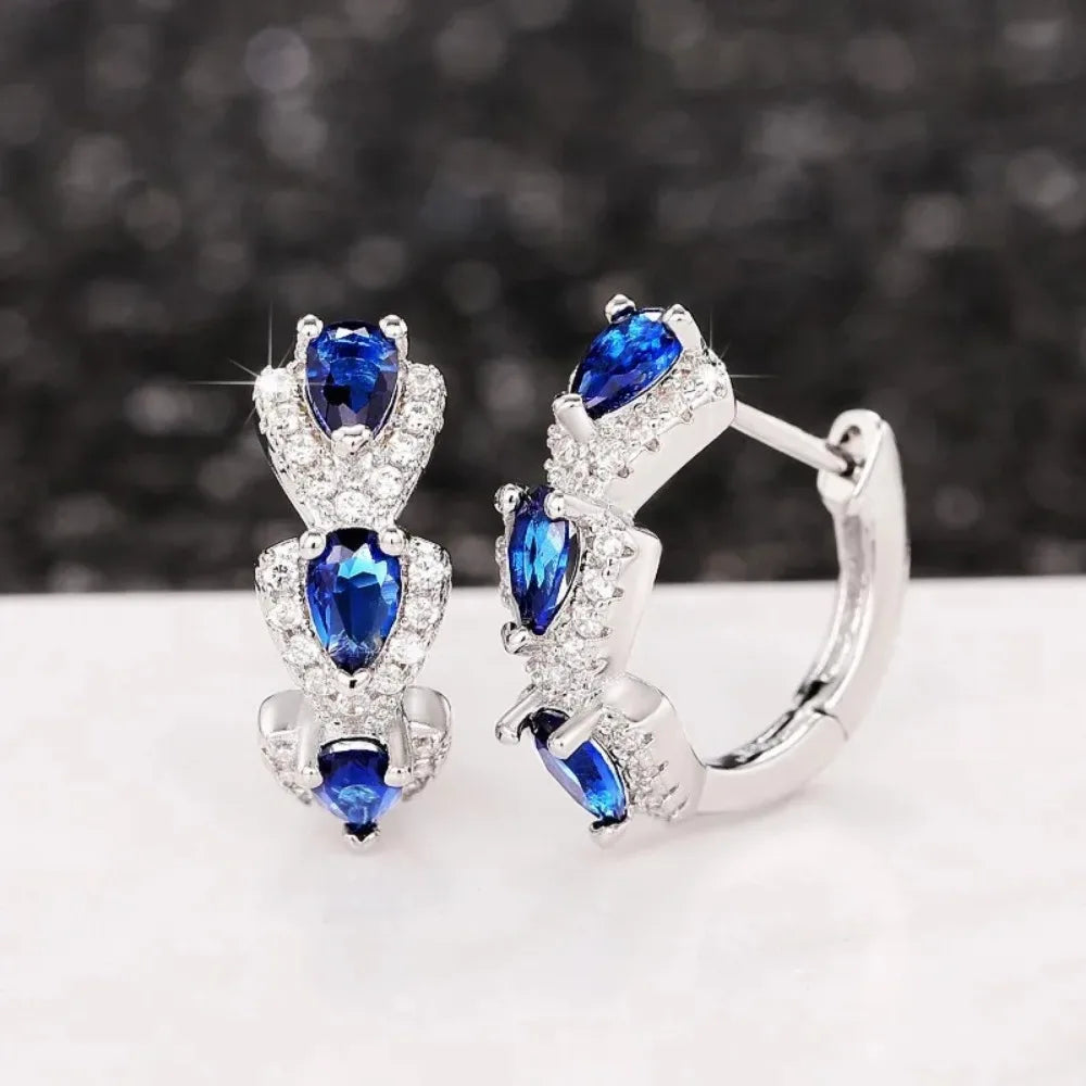 925 Sterling Silver Hoop Earrings – Blue Zirconia, Elegant Party Jewelry