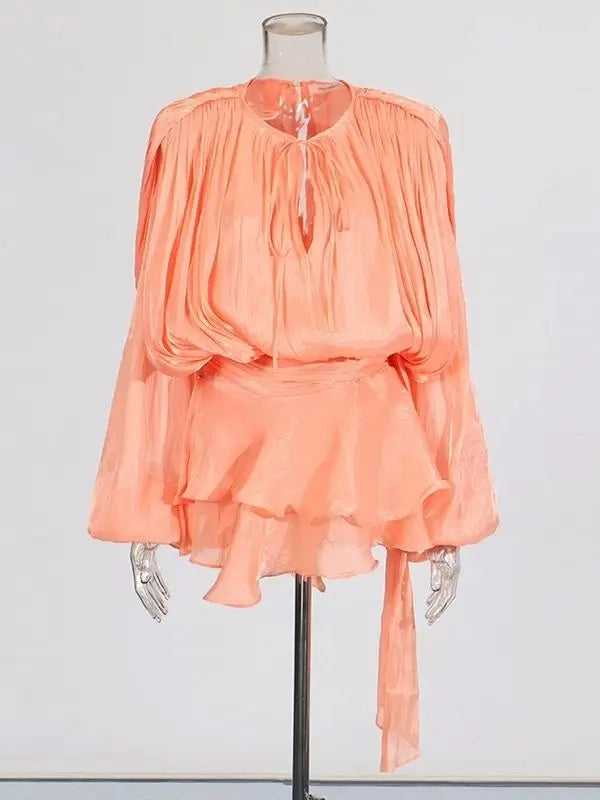 V-Neck Lace-Up Mini Dress with Long Sleeves – Women’s Sweet Style