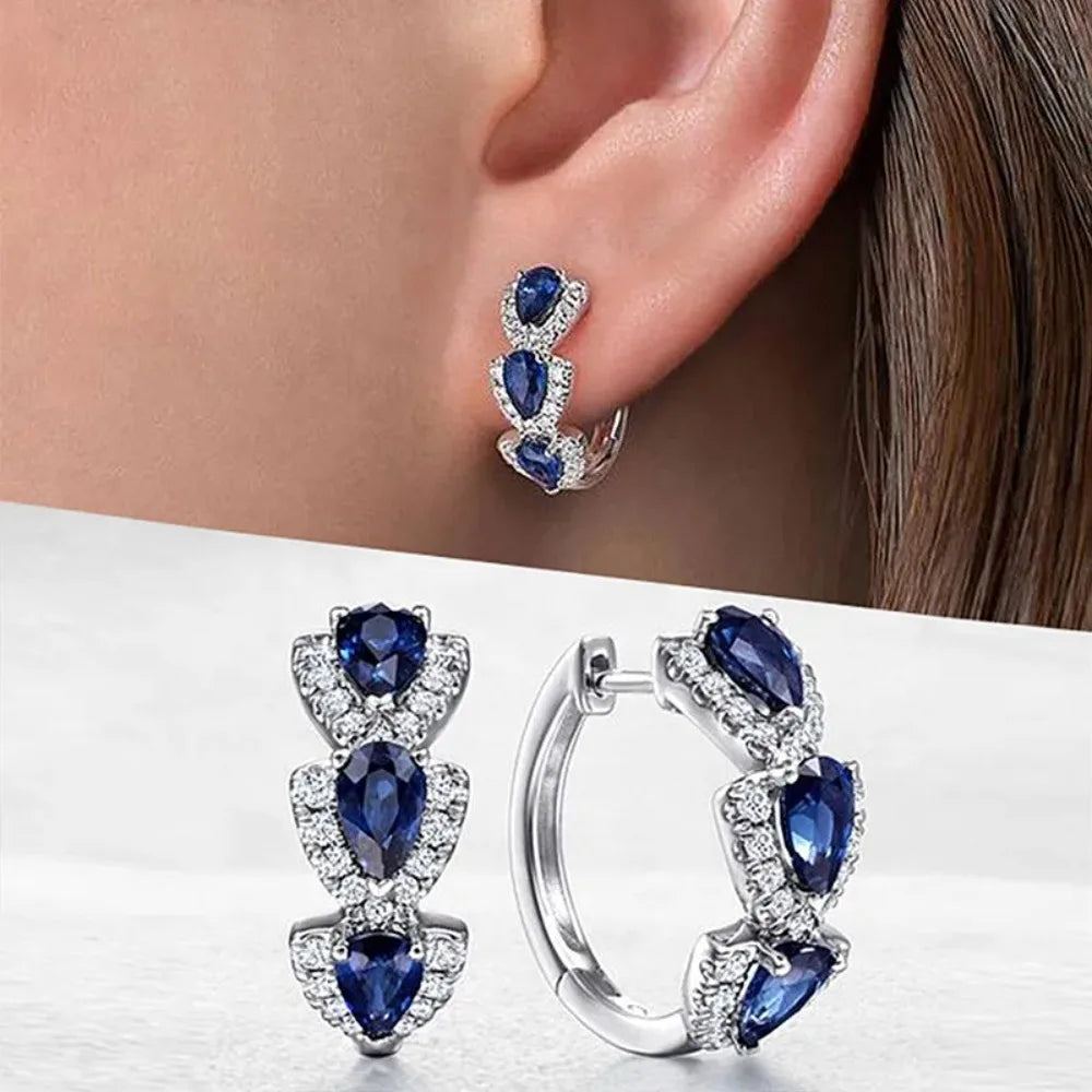 925 Sterling Silver Hoop Earrings – Blue Zirconia, Elegant Party Jewelry