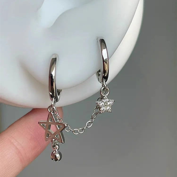 Silver Star Chain Earring – Double Ear Hole Y2K Stainless Steel Jewelry