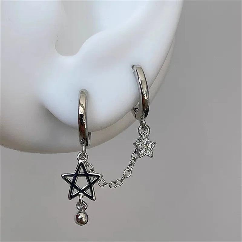 Silver Star Chain Earring – Double Ear Hole Y2K Stainless Steel Jewelry