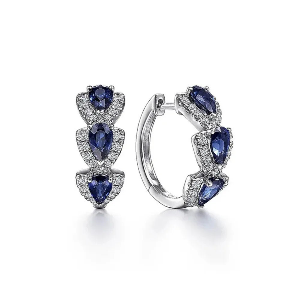 925 Sterling Silver Hoop Earrings – Blue Zirconia, Elegant Party Jewelry