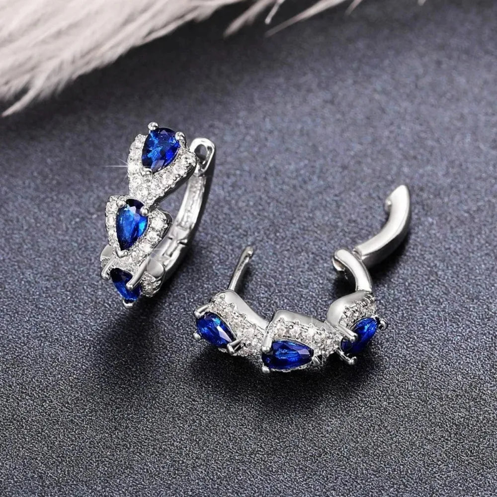 925 Sterling Silver Hoop Earrings – Blue Zirconia, Elegant Party Jewelry