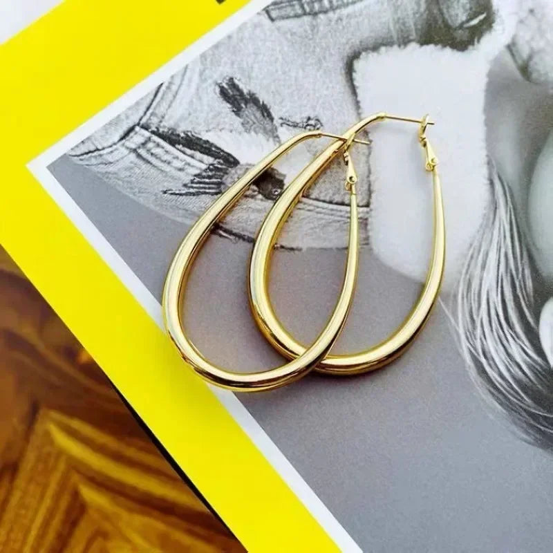 Geometric Big Hoop Earrings – Stainless Steel, Oval Design for Women