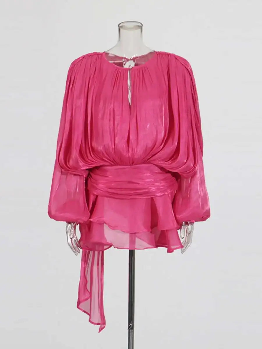 V-Neck Lace-Up Mini Dress with Long Sleeves – Women’s Sweet Style