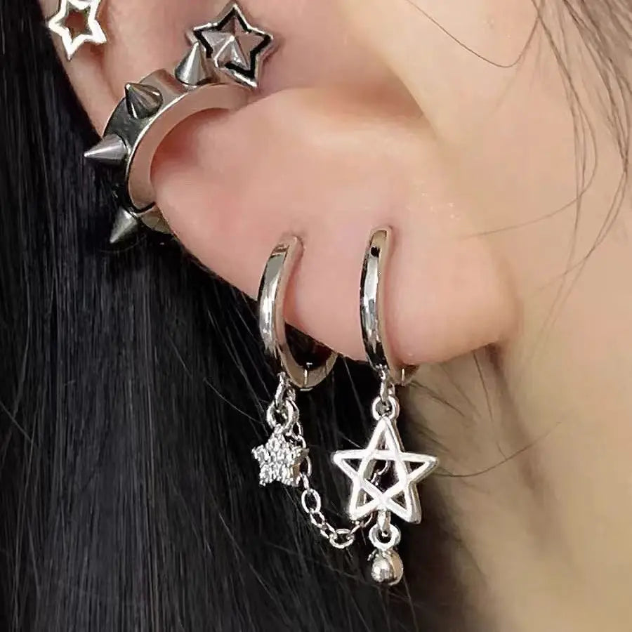 Silver Star Chain Double Piercing Earring – Y2K Stainless Steel Jewelry