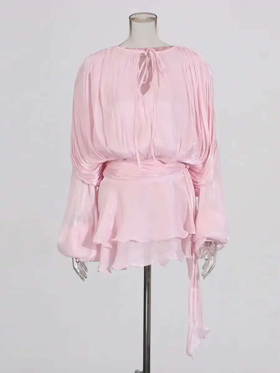 V-Neck Lace-Up Mini Dress with Long Sleeves – Women’s Sweet Style