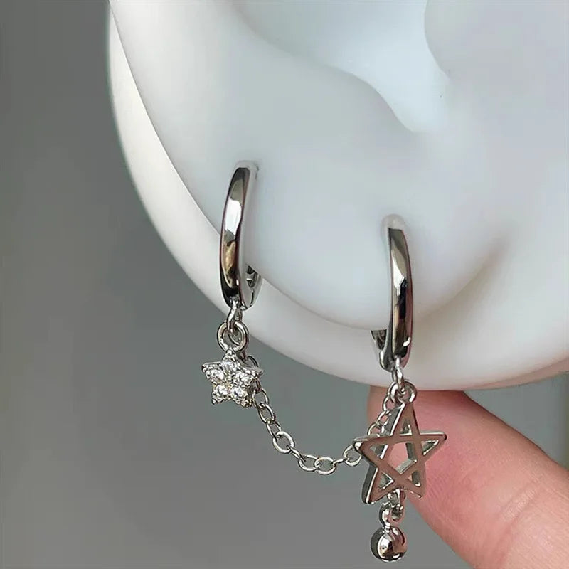 Silver Star Chain Earring – Double Ear Hole Y2K Stainless Steel Jewelry