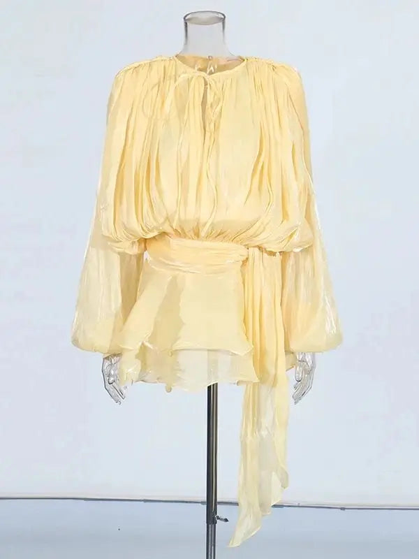 V-Neck Lace-Up Mini Dress with Long Sleeves – Women’s Sweet Style