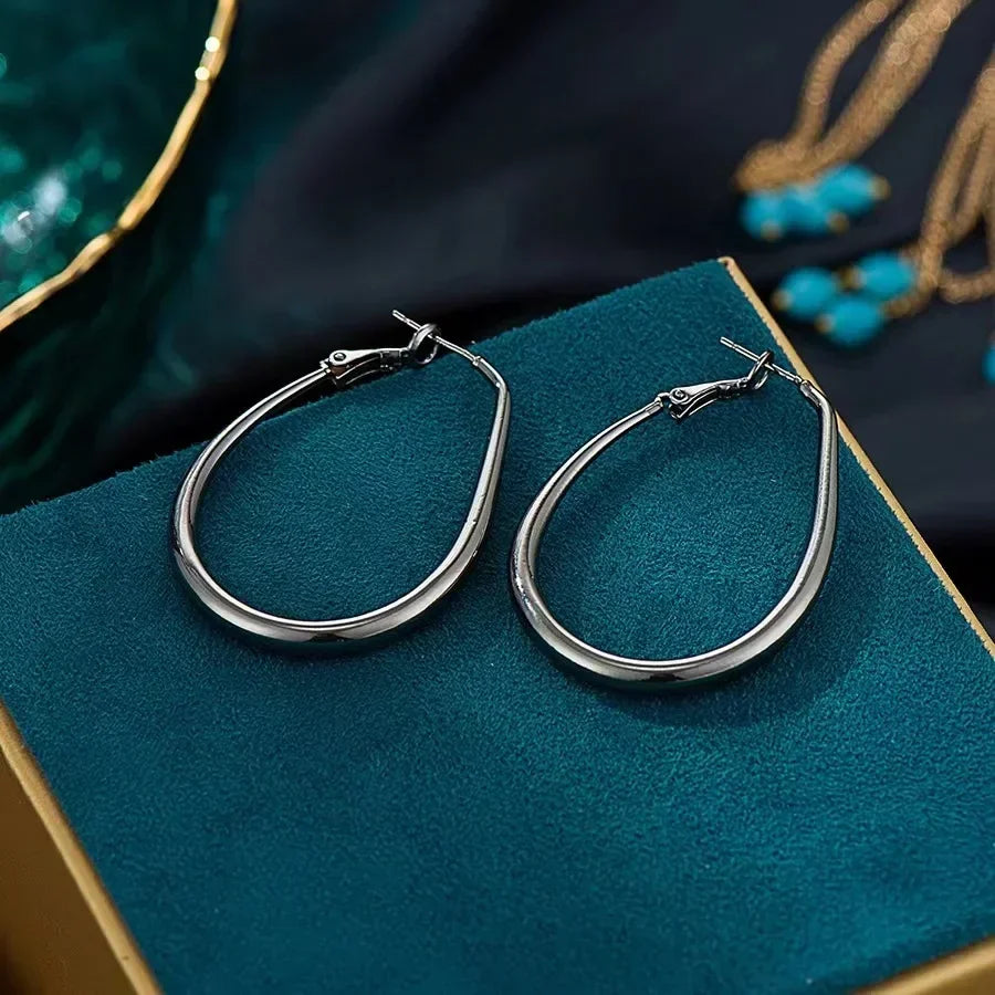 Geometric Big Hoop Earrings – Stainless Steel, Oval Design for Women