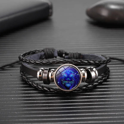 Zodiac Sign Constellation Charm Luminous Weave Leather and Bangle Bracelet