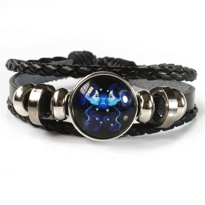Zodiac Sign Constellation Charm Luminous Weave Leather and Bangle Bracelet