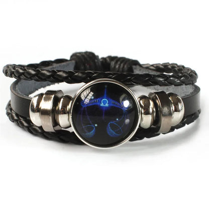 Zodiac Sign Constellation Charm Luminous Weave Leather and Bangle Bracelet