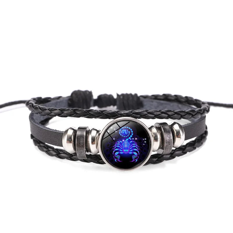 Zodiac Sign Constellation Charm Luminous Weave Leather and Bangle Bracelet