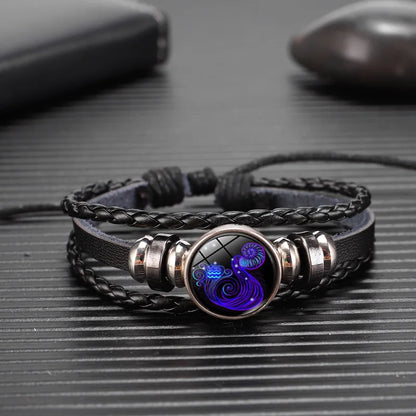 Zodiac Sign Constellation Charm Luminous Weave Leather and Bangle Bracelet