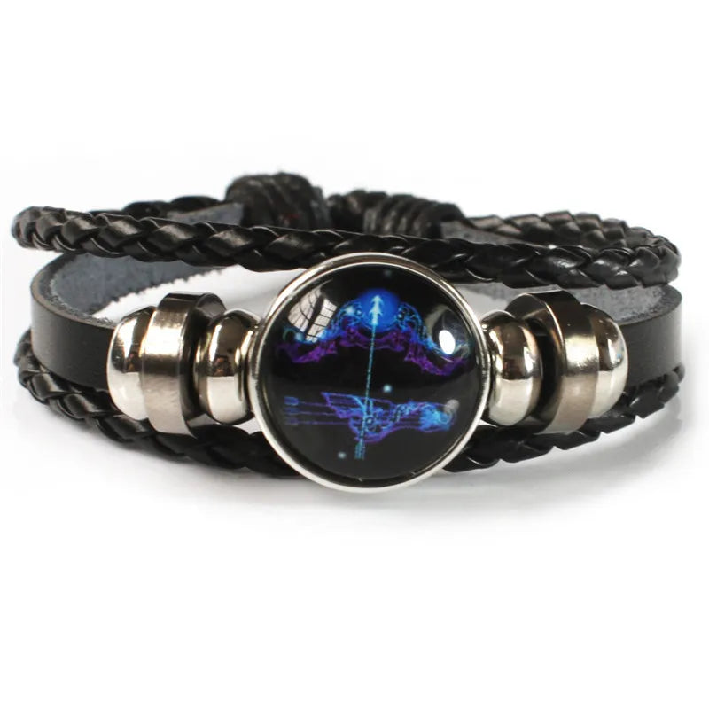Zodiac Sign Constellation Charm Luminous Weave Leather and Bangle Bracelet