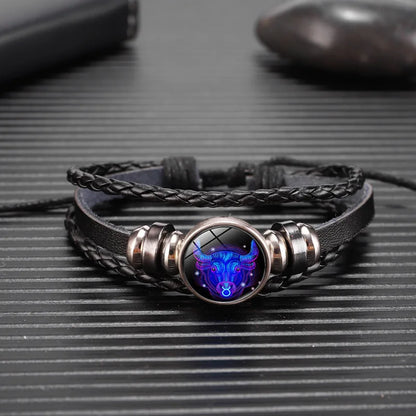 Zodiac Sign Constellation Charm Luminous Weave Leather and Bangle Bracelet