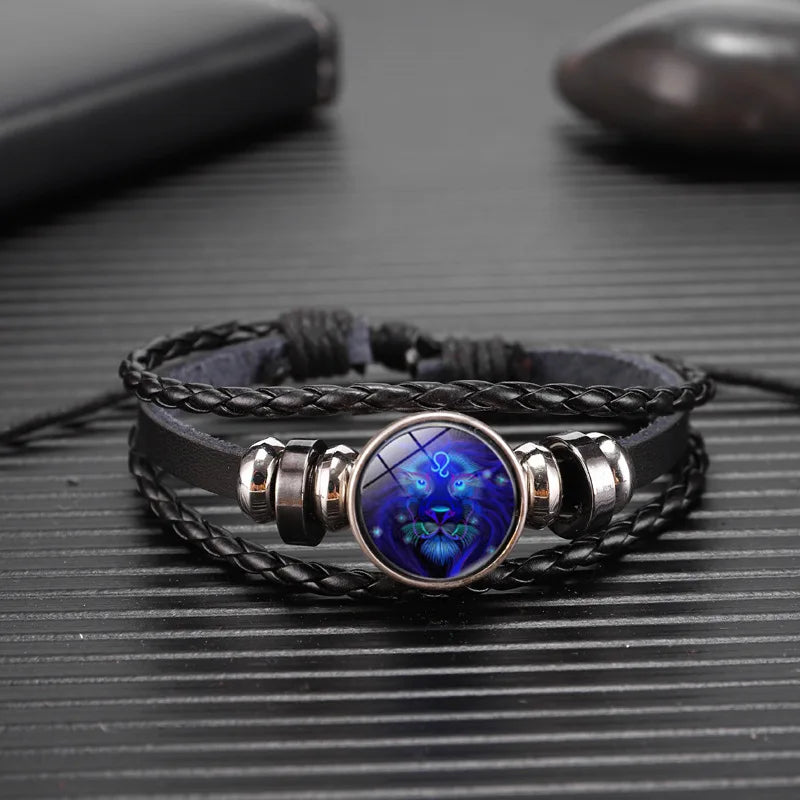 Zodiac Sign Constellation Charm Luminous Weave Leather and Bangle Bracelet