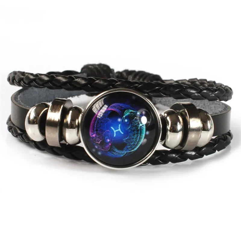 Zodiac Sign Constellation Charm Luminous Weave Leather and Bangle Bracelet