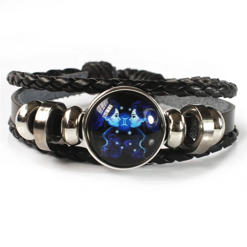 Zodiac Sign Constellation Charm Luminous Weave Leather and Bangle Bracelet