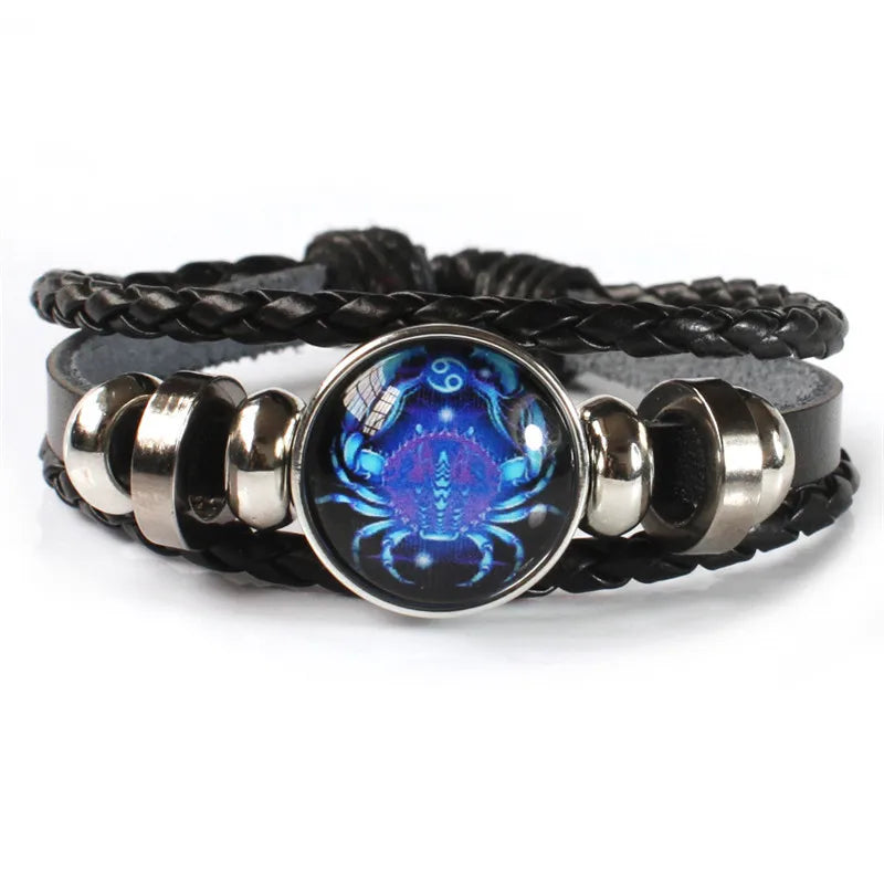 Zodiac Sign Constellation Charm Luminous Weave Leather and Bangle Bracelet