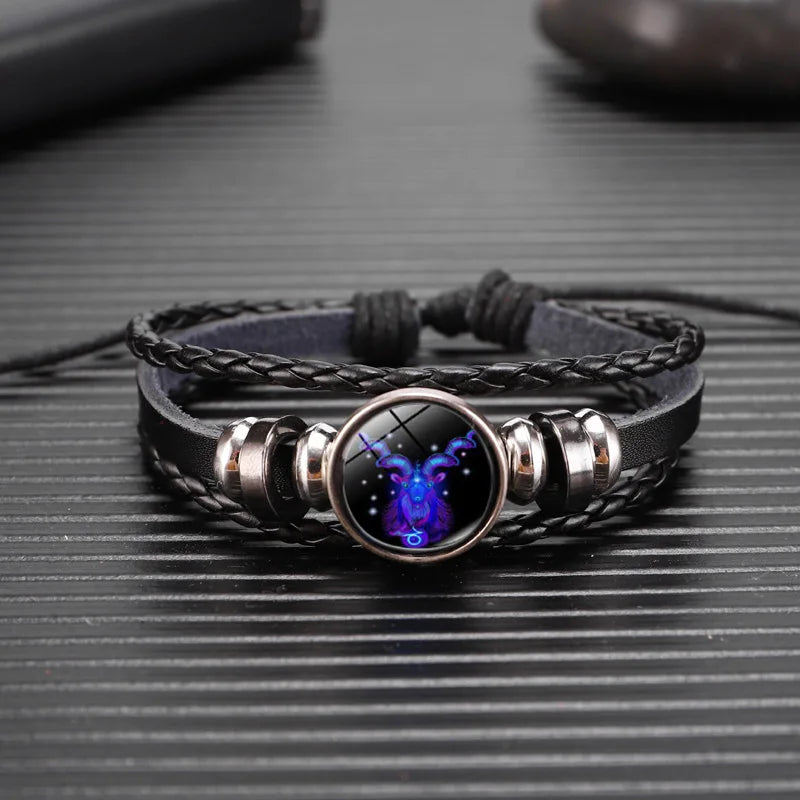 Zodiac Sign Constellation Charm Luminous Weave Leather and Bangle Bracelet