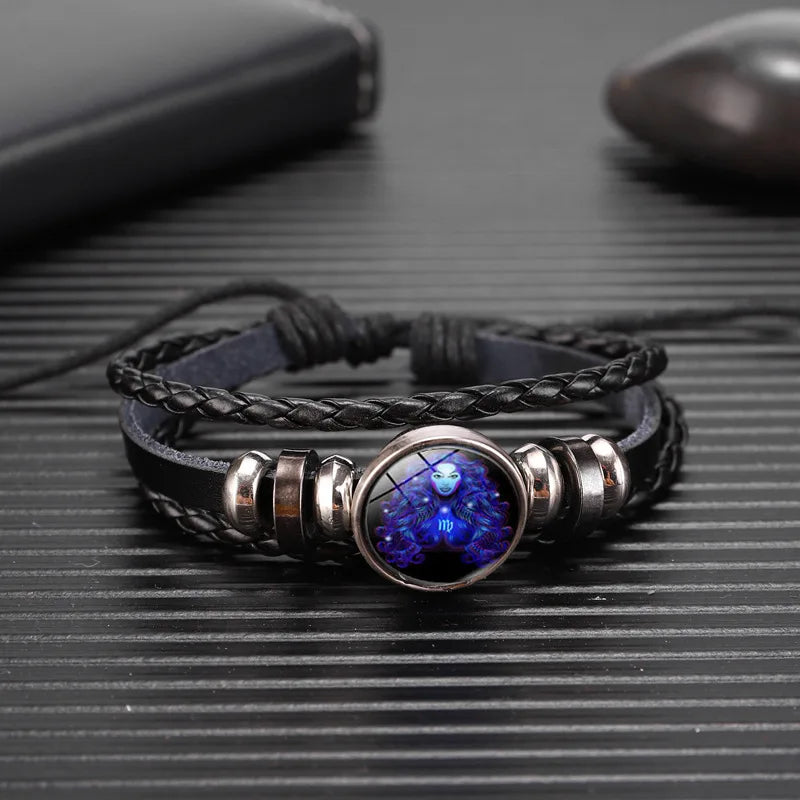 Zodiac Sign Constellation Charm Luminous Weave Leather and Bangle Bracelet