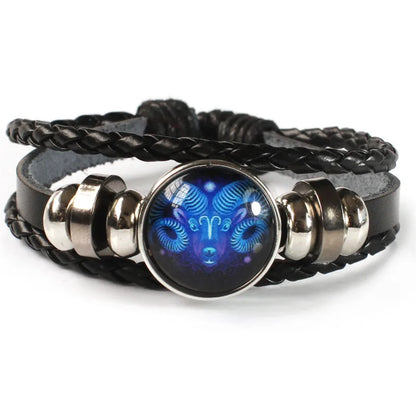 Zodiac Sign Constellation Charm Luminous Weave Leather and Bangle Bracelet