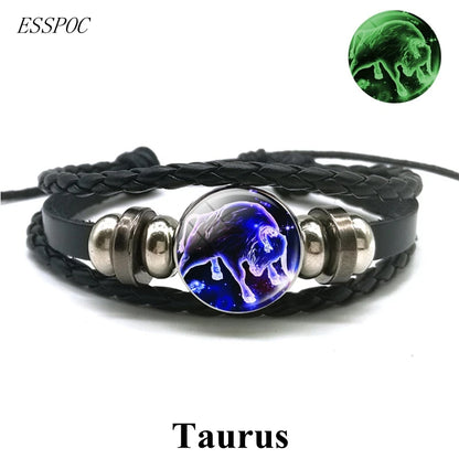 Zodiac Charm Constellation Luminous Leather Bracelet
