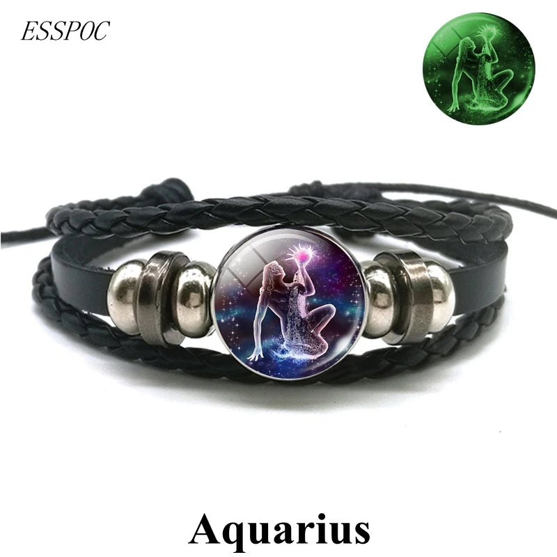 Zodiac Charm Constellation Luminous Leather Bracelet