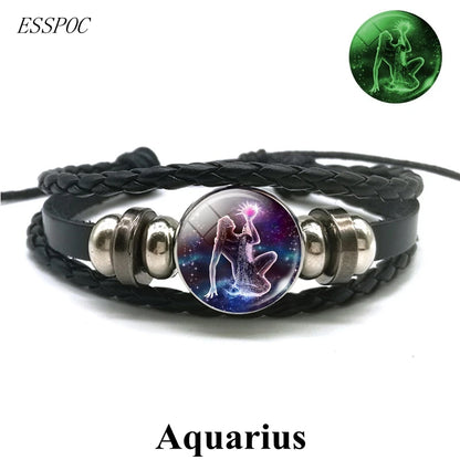 Zodiac Charm Constellation Luminous Leather Bracelet