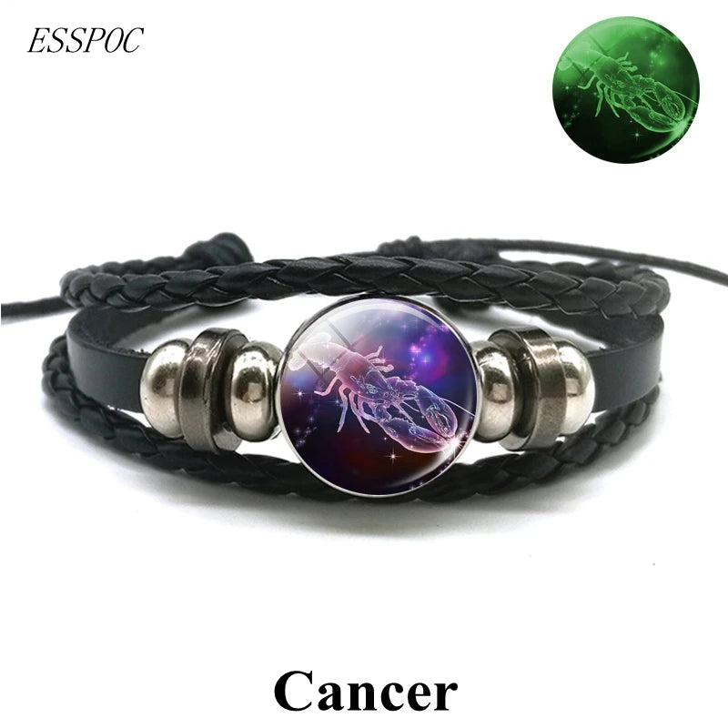 Zodiac Charm Constellation Luminous Leather Bracelet