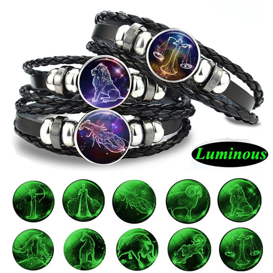 Zodiac Charm Constellation Luminous Leather Bracelet