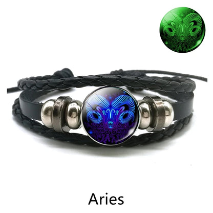 Zodiac Charm Constellation Luminous Leather Bracelet