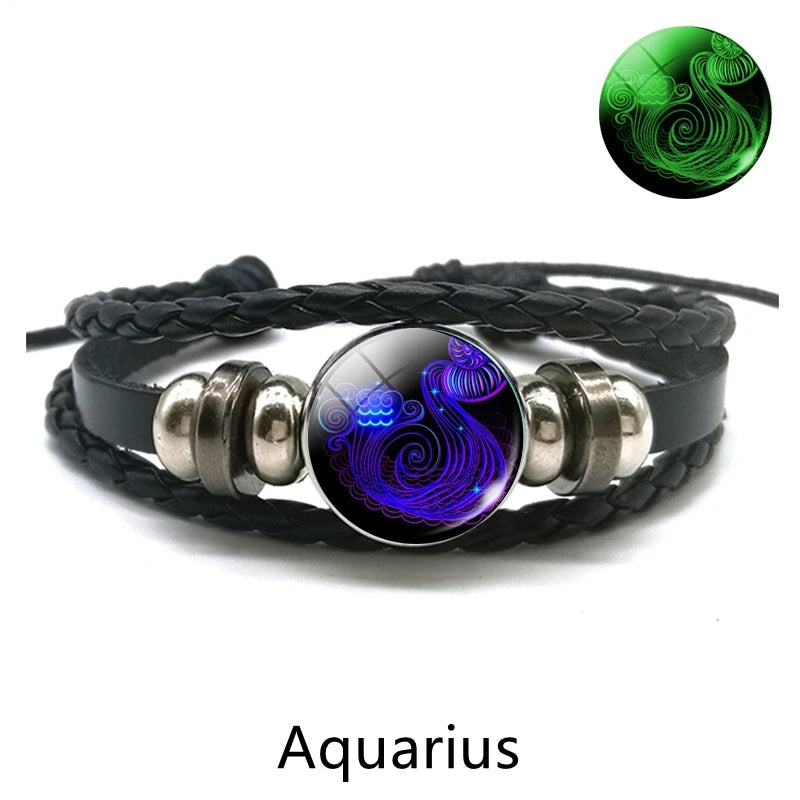 Zodiac Charm Constellation Luminous Leather Bracelet