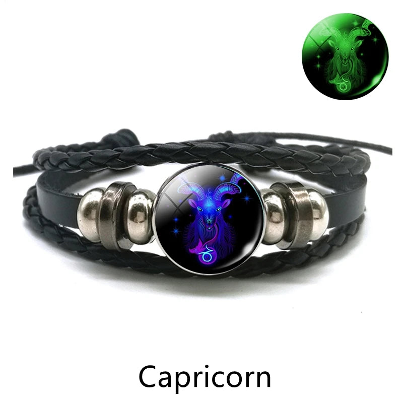 Zodiac Charm Constellation Luminous Leather Bracelet