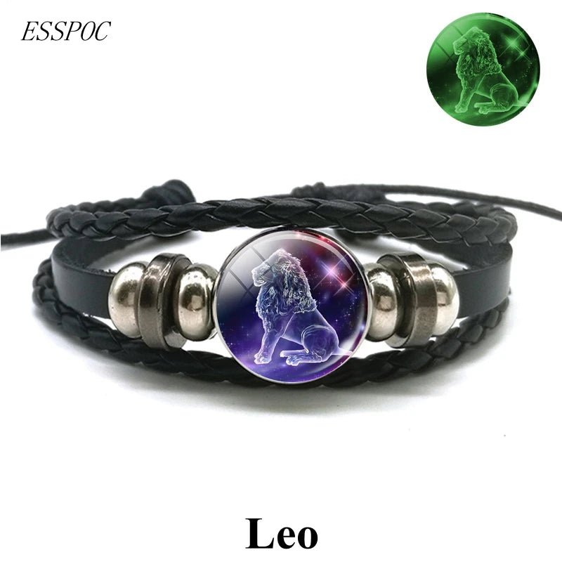 Zodiac Charm Constellation Luminous Leather Bracelet