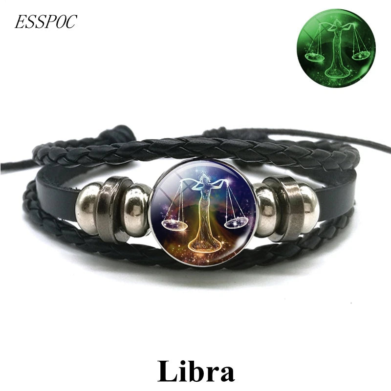 Zodiac Charm Constellation Luminous Leather Bracelet
