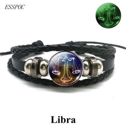 Zodiac Charm Constellation Luminous Leather Bracelet