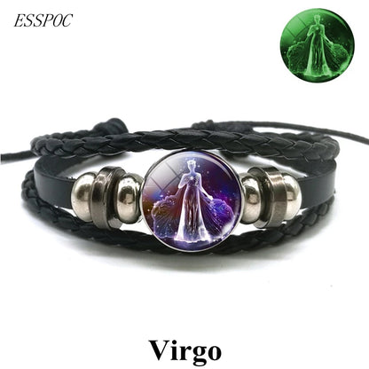 Zodiac Charm Constellation Luminous Leather Bracelet