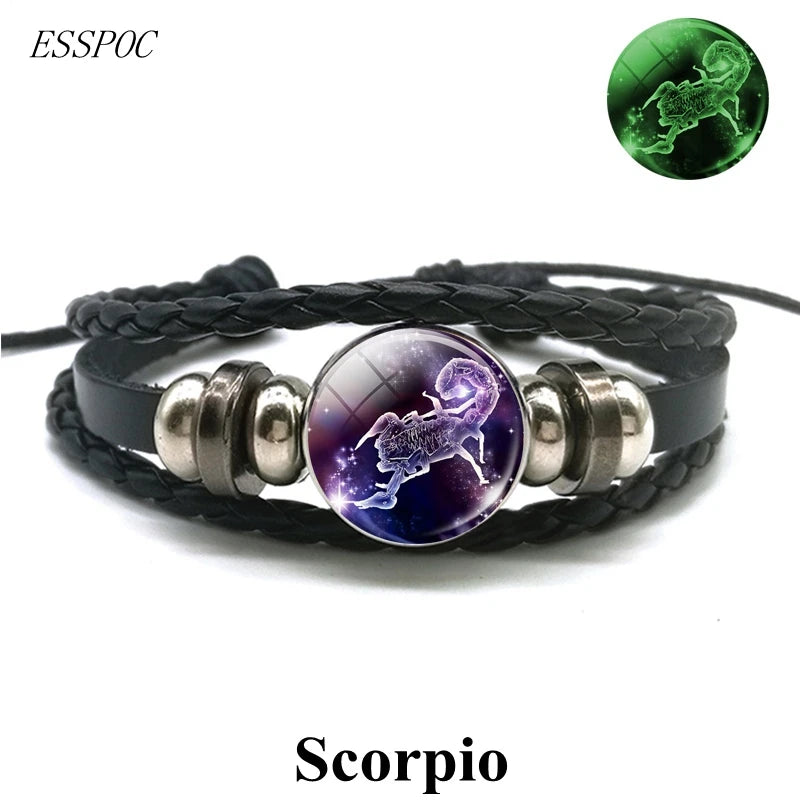 Zodiac Charm Constellation Luminous Leather Bracelet