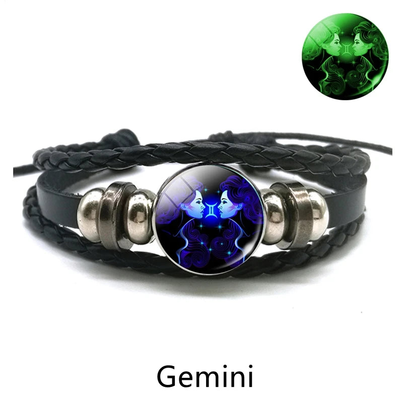 Zodiac Charm Constellation Luminous Leather Bracelet