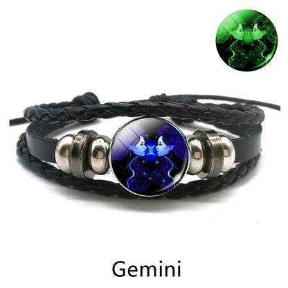Zodiac Charm Constellation Luminous Leather Bracelet