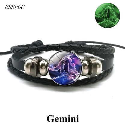 Zodiac Charm Constellation Luminous Leather Bracelet