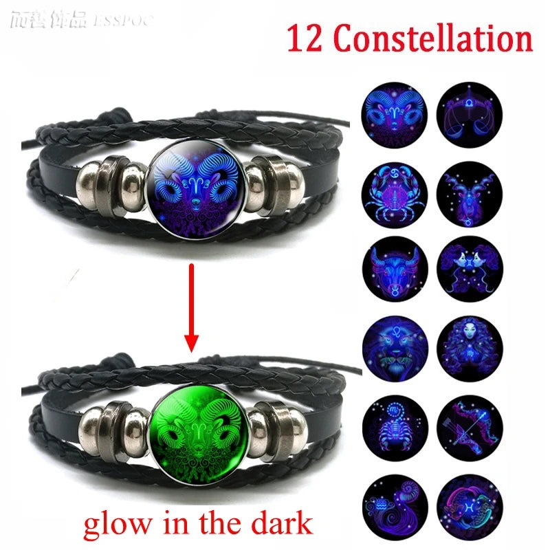 Zodiac Charm Constellation Luminous Leather Bracelet